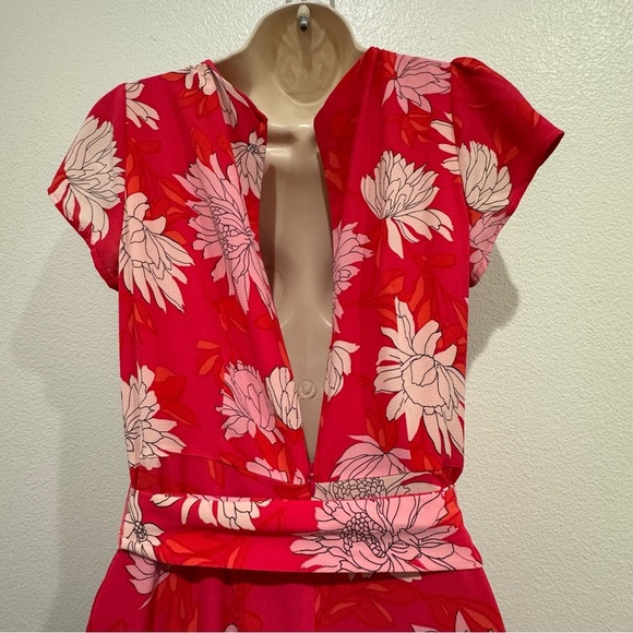 Talbots Belted Midi Shirtdress Sz 4 Chrysanthemum Red Floral Fit & Flare Pockets - Picture 8 of 10